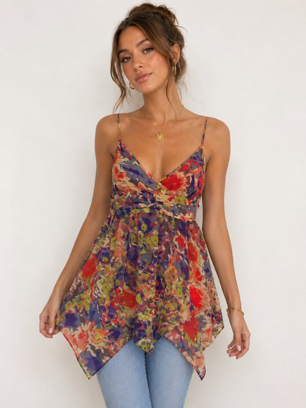Wilster Womens Medium Floral Chiffon Babydoll Tank Top Boho Handkerchief Hem